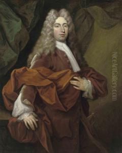 Portrait Of A Gentleman,
Three-quarter-length, In A Red Coat Andorange Wrap, His Right Hand
Resting On A Ledge by Jonathan Richardson