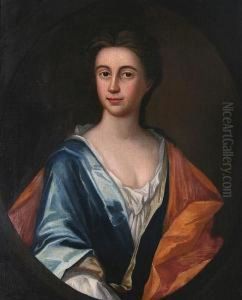 Portrait Of A Lady, Half Length,
 Wearing Ablue Dress And Orange Shawl, Within Painted Oval