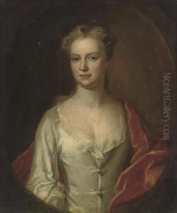 Portrait Of A Lady, Half-length,
 In An Oyster Satin Dress With Ared Velvet Wrap, Feigned Oval