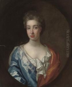 Portrait Of A Lady, Half-length,
 In A Blue Dress And White Chemise, With An Orange Wrap, In A Feigned 
Oval