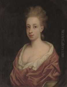Portrait Of A Lady, Bust-length, In A White Dress And Pink Wrap, In A Feigned Oval
