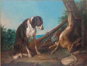 A dead hare and game birds in a clearing with a rifle and a dog by Alexandre-Francois Desportes