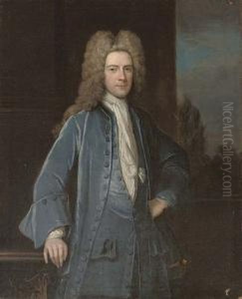 Portrait Of A Gentleman, 
Traditionally Identified As Samuel Chetham (1676-1745), Of Turton And 
Castleton, Lancashire, Three-quarter-length, In A Blue Velvet Coat And 
Waistcoat, His Right Hand Resting On A Plinth, A Landscape Through A 
Casement Bey - view 1