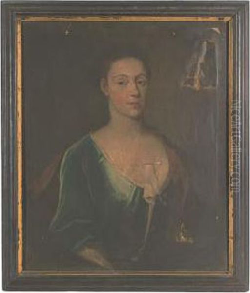 Portrait Of A Lady, Presumably A
Member Of The Mostyn Or The Lloyd Family, Bust-length, In A Blue Dress
With Pink Wrap, Feigned Oval - view 1