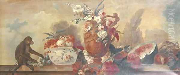 Flowers in an ornamental vase, fruit in a porcelain bowl, a watermelon, pumpkin and a pomenagranate with a monkey on a balustrade - view 1