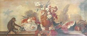 Flowers in an ornamental vase, fruit in a porcelain bowl, a watermelon, pumpkin and a pomenagranate with a monkey on a balustrade