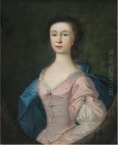 Portrait Of Alice Bill, Half-length, In A Pink Dress And Blue Wrap,in A Feigned Oval by Jonathan Richardson
