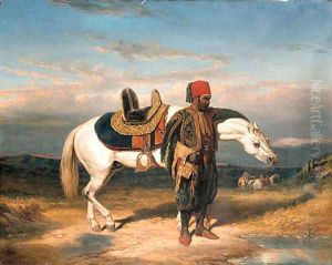 An Arabian horseman watering by Alfred De Dreux