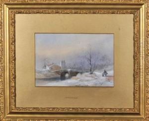 Winter Scene - A Woman And Child On A Path Approaching A Bridge And A Village Beyond Winter Scene - A Woman And Child On A Path Approaching A Bridge And A Village Beyond