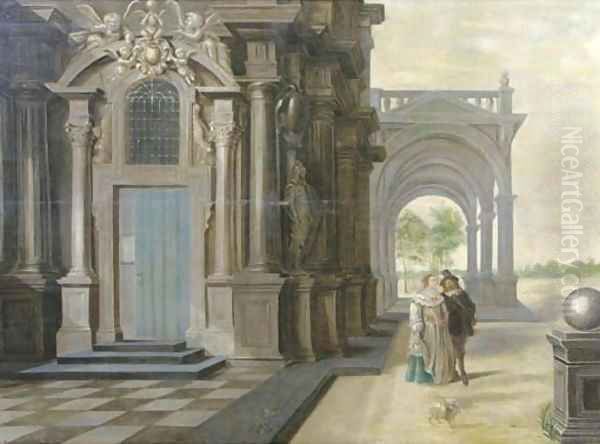 A fantastical palace with an elegant couple walking in front of a portico - view 1