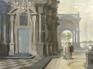 A fantastical palace with an elegant couple walking in front of a portico by Dirck Van Delen