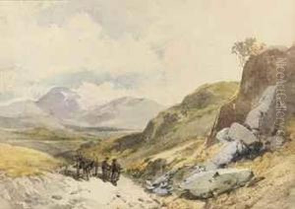 A Highland Landscape With Figures Conversing By A Horse-drawn Cart - view 1