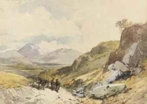 A Highland Landscape With Figures Conversing By A Horse-drawn Cart thumbnail