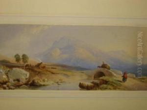 Mountain Landscape With Figures Crossing A Bridge by Thomas Miles Richardson