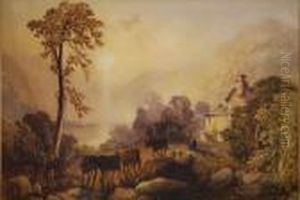 Landscape With Cattle Crossing A Bridge Andfigures Before A Cottage by Thomas Miles Richardson