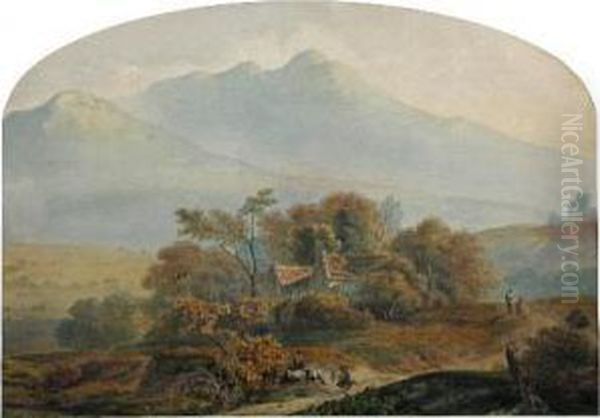 Walkers On A Track By A
Farmhouse Before Ben Nevis Watercolour 30 X43cm Provenance: Private
Collection - view 1