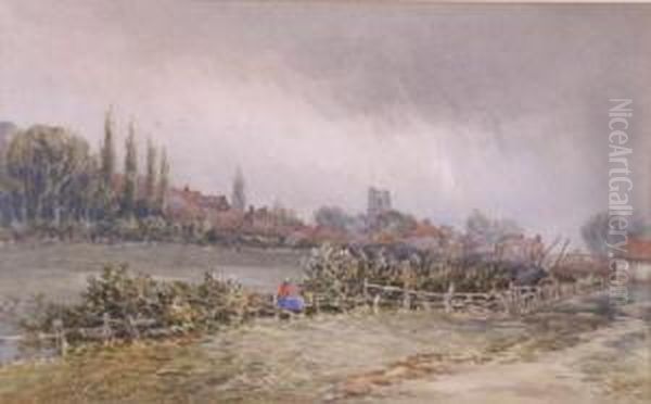 Figures In A Meadow With Church And Village Beyond - view 1