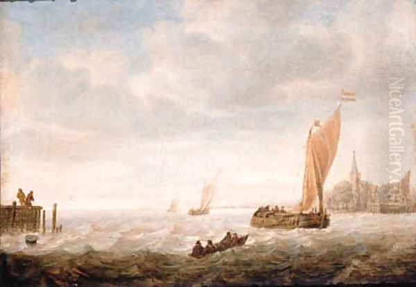 A wijdschip before the wind approaching a harbour - view 1