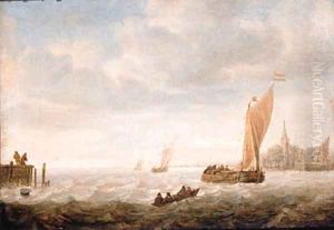 A wijdschip before the wind approaching a harbour by Hieronymus Van Diest