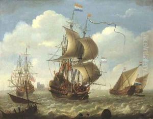 English and Dutch men-o'-war on the river Merwede, Dordrecht beyond by Hieronymus Van Diest