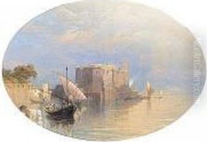 View Of Lake Maggiore With A Water Side Fortress by Thomas Miles Richardson