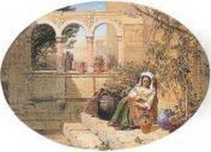 A Young Girl Asleep At The Top Of A Flight Of Steps by Thomas Miles Richardson