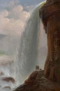 View Of Niagara Falls. In The Foreground Two Men With A Dog