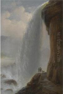 To Maend Med En Hund Ved Niagra Vandfaldet (two Men With A Dog By Niagara Falls) by Ferdinand Reichardt