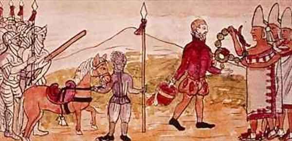 Fol 208v Meeting of Hernando Cortes 1485-1547 and Montezuma 1466-1520 2 - view 1