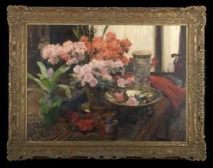 Still Life With Azaleas, 
Roses, 
Cyclamens, 
Bromeliad And Chinese Porcelain Group On A Draped Table