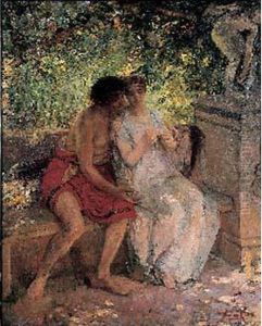 Couple Dans Le Gout De L'antique Sur Fond De Paysage, Circa 1890