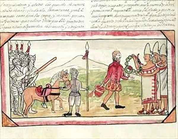 Fol 208v Meeting of Hernando Cortes 1485-1547 and Montezuma 1466-1520 - view 1