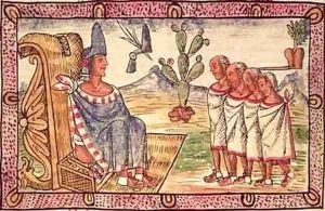 Fol 156v Montezuma II and his envoys to the Spanish conquerors by Diego Duran