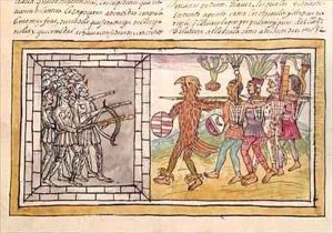 Codex Duran Pedro de Alvarado companion at arms of Hernando Cortes besieged by Aztec warriors by Diego Duran