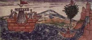 Fol 197v An Indian spy observes the arrival of a Spanish ship on the Mexican coast by Diego Duran