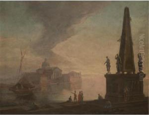 A Capriccio View Of The Venetian
 Lagoon With San Giorgio Maggiore Seen From The Bacino Di San Marco, 
Figures In Oriental Dress Standing On A Quay Beside An Obelisk Adorned 
With Statues - view 1