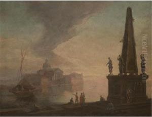 A Capriccio View Of The Venetian
 Lagoon With San Giorgio Maggiore Seen From The Bacino Di San Marco, 
Figures In Oriental Dress Standing On A Quay Beside An Obelisk Adorned 
With Statues by Giovanni Richter