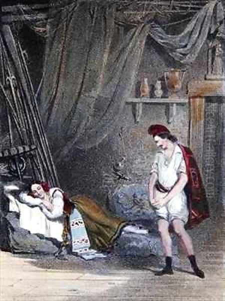 Scene depicting the mute girl Fenella asleep in a hut with her brother Masaniello - view 1