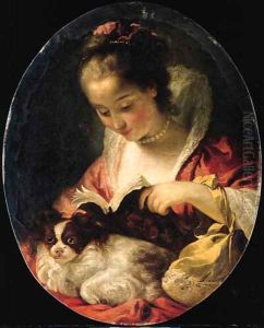 'La Lecture' A young woman reading with a dog on her knees by Gabriel Francois Doyen