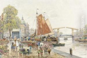 Blumenmarkt An Einer Gracht In Amsterdam.