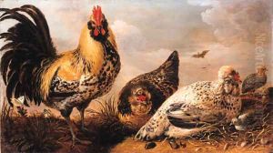 A hen and chicks in a landscape