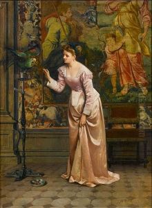 Elegant Lady With A Cockatoo by Martin Rico y Ortega