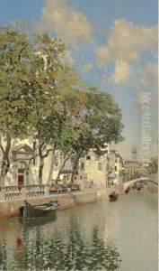 Gondolas On A Canal, Venice by Martin Rico y Ortega