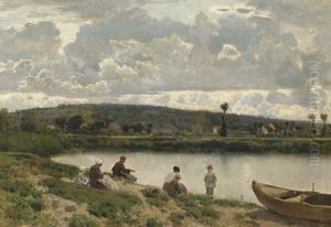 A Family Fishing By A River A Family Fishing By A River