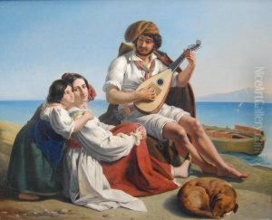 A Musician And Two Women Seated On The Shores Of Theneapolitan Coast by August Riedel