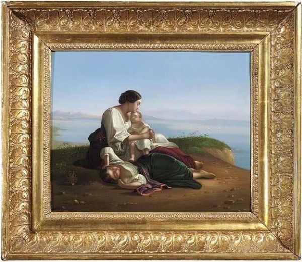 Italian Woman With Her Two Children At Seashore - view 1