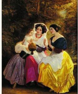 Deux Jeunes Femmes Jouant Avec Des Enfants Dans Un Sous Bois by August Riedel