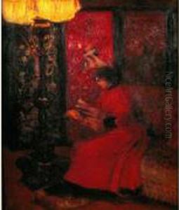 Une Femme Lisant Dans Un Boudoir Au Paravent Japonais by Marcel Rieder