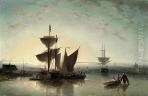 Shipping On A Calm Near A Harbour by Nicolaas Riegen