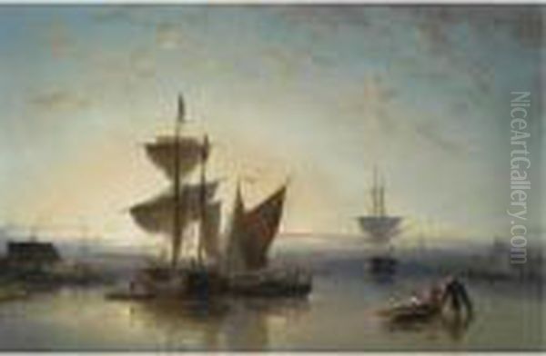 Moored Sailing Vessels, A Town In The Background - view 1